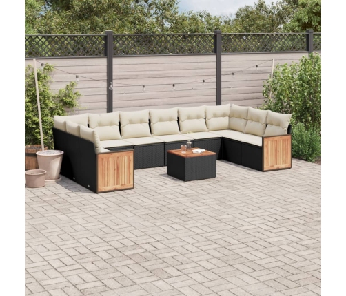 Set de sofás de jardín 11 pzas y cojines ratán sintético negro