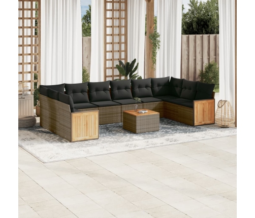 Set de sofás de jardín 11 pzas y cojines ratán sintético gris