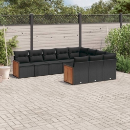 Set de sofás de jardín 10 pzas cojines ratán sintético negro