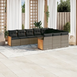 Set de sofás de jardín 10 pzas con cojines ratán sintético gris
