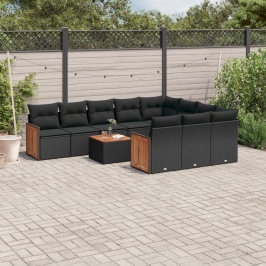 Set de sofás de jardín 11 pzas y cojines ratán sintético negro