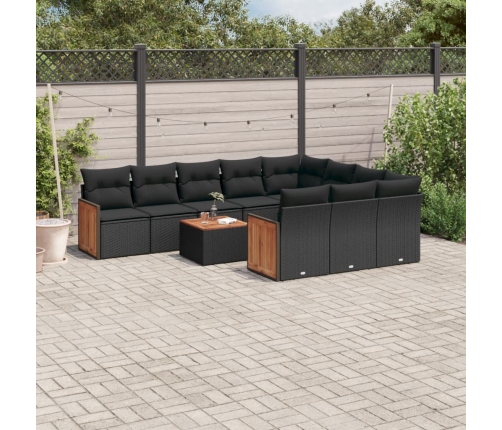 Set de sofás de jardín 11 pzas y cojines ratán sintético negro