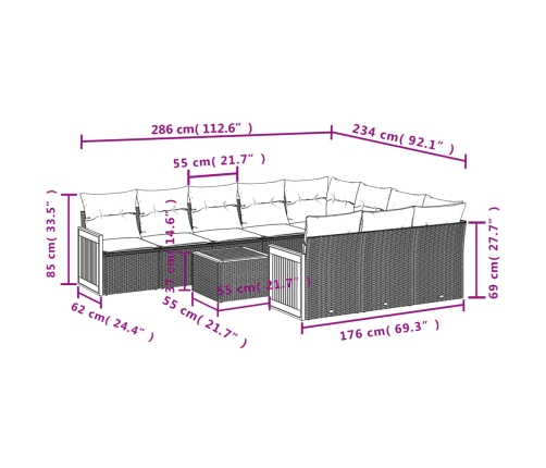 Set de sofás de jardín 11pzas con cojines ratán sintético beige