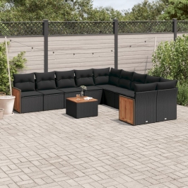Set de sofás de jardín 11 pzas y cojines ratán sintético negro