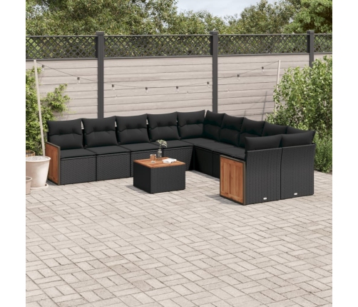 Set de sofás de jardín 11 pzas y cojines ratán sintético negro