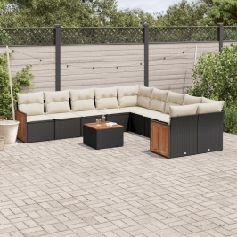 Set de sofás de jardín 11 pzas y cojines ratán sintético negro