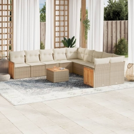 Set de sofás de jardín 11pzas con cojines ratán sintético beige