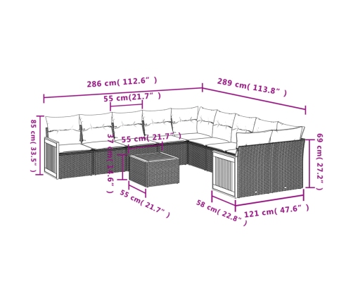 Set de sofás de jardín 11pzas con cojines ratán sintético beige