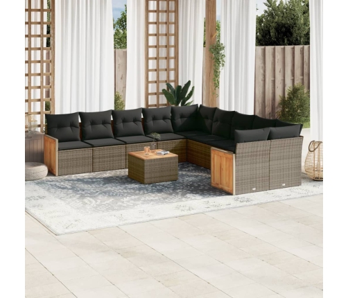 Set de sofás de jardín 11 pzas y cojines ratán sintético gris
