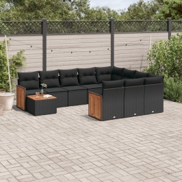 Set de sofás de jardín 11 pzas y cojines ratán sintético negro