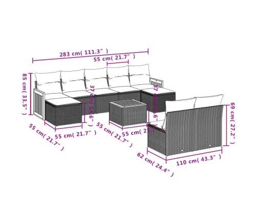 Set de sofás de jardín 10 pzas cojines ratán sintético negro