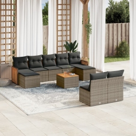 Set de sofás de jardín 10 pzas con cojines ratán sintético gris
