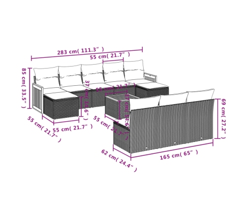 Set de sofás de jardín 11pzas con cojines ratán sintético beige