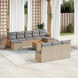Set de sofás de jardín 11pzas con cojines ratán sintético beige