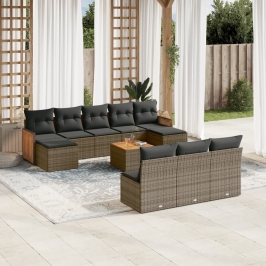 Set de sofás de jardín 11 pzas y cojines ratán sintético gris
