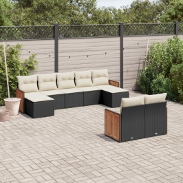 Set de sofás de jardín 8 piezas y cojines ratán sintético negro