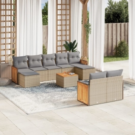 Juego de sofás jardín con cojines beige 10 pzas ratán sintético