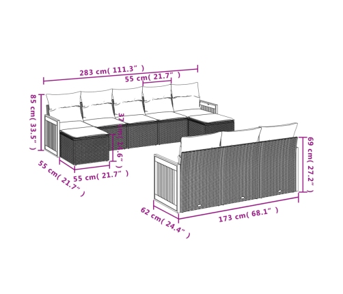 Set de sofás de jardín 10 pzas cojines ratán sintético negro
