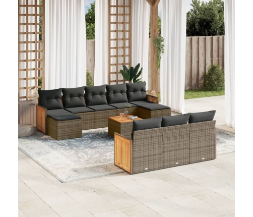 Set de sofás de jardín 11 pzas y cojines ratán sintético gris