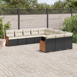 Set de sofás de jardín 11 pzas y cojines ratán sintético negro