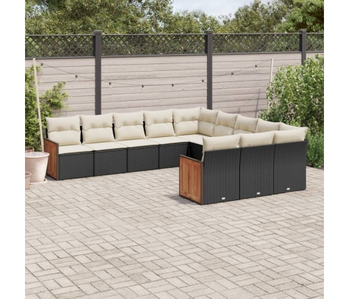 Set de sofás de jardín 11 pzas y cojines ratán sintético negro