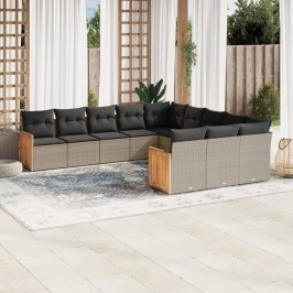 Set de sofás de jardín 11 pzas y cojines ratán sintético gris