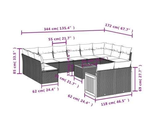 Set de sofás de jardín y cojines 13 pzas ratán sintético beige