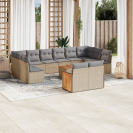 Set de sofás de jardín y cojines 13 pzas ratán sintético beige