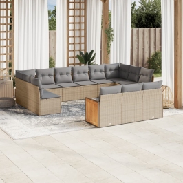 Set de sofás de jardín y cojines 13 pzas ratán sintético beige