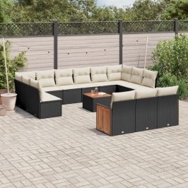 Set de sofás de jardín y cojines 14 pzas ratán sintético negro