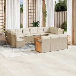 Set de sofás de jardín y cojines 14 pzas ratán sintético beige