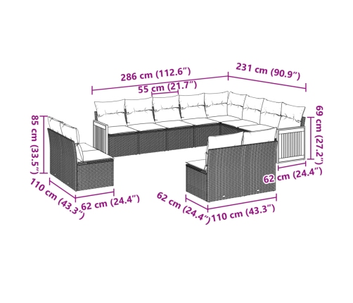 Set de sofás de jardín y cojines 12 pzas ratán sintético negro