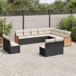 Set de sofás de jardín y cojines 12 pzas ratán sintético negro
