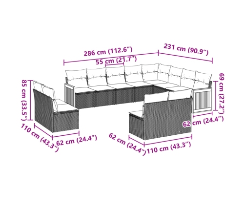 Set de sofás de jardín 12 pzas y cojines ratán sintético marrón