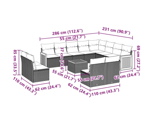 Set sofás de jardín con cojines 13 pzas ratán sintético beige