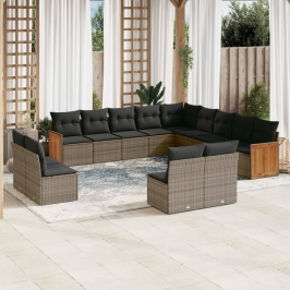 Set sofás de jardín con cojines 13 piezas ratán sintético gris