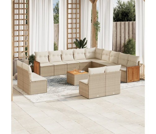 Set sofás de jardín 14 pzas con cojines ratán sintético beige