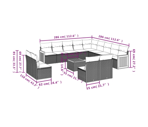 Set sofás de jardín 14 pzas con cojines ratán sintético beige
