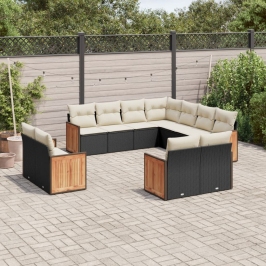 Set de sofás de jardín 11 pzas y cojines ratán sintético negro