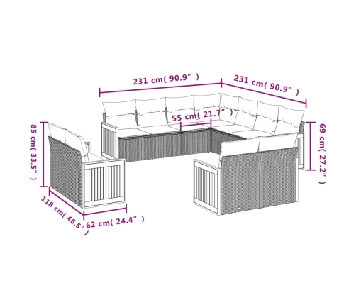 Set de sofás de jardín 11pzas con cojines ratán sintético beige