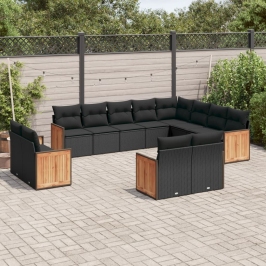 Set de sofás de jardín 12 piezas cojines ratán sintético negro