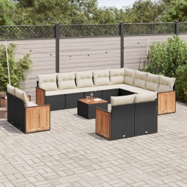 Set de sofás de jardín y cojines 13 pzas ratán sintético negro