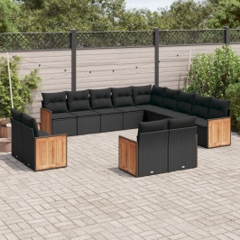 Set de sofás de jardín y cojines 13 pzas ratán sintético negro