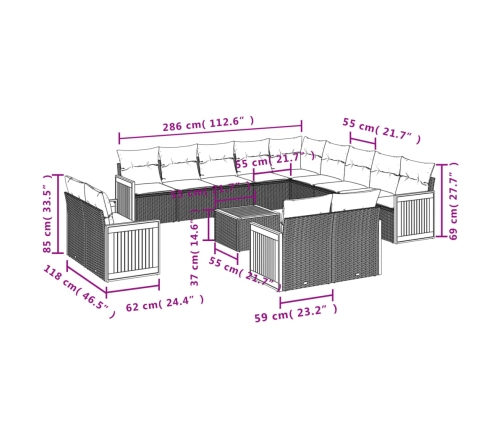 Set sofás de jardín 14 pzas con cojines ratán sintético beige