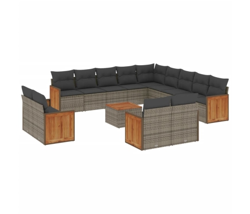 Set de sofás de jardín 14 pzas con cojines ratán sintético gris