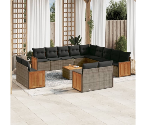 Set de sofás de jardín 14 pzas con cojines ratán sintético gris