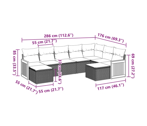 Set de sofás de jardín 9 pzas con cojines ratán sintético beige