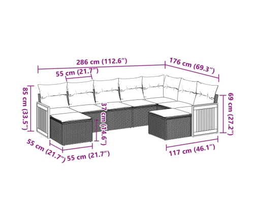Set de muebles de jardín 9 pzas y cojines ratán sintético gris
