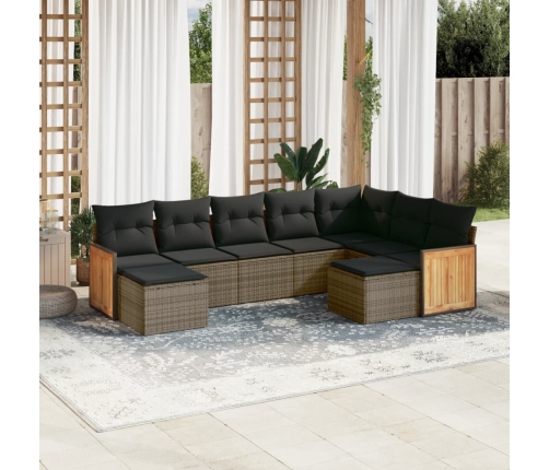 Set de muebles de jardín 9 pzas y cojines ratán sintético gris