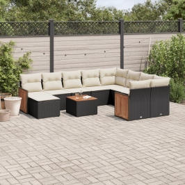 Set de sofás de jardín 11 pzas y cojines ratán sintético negro